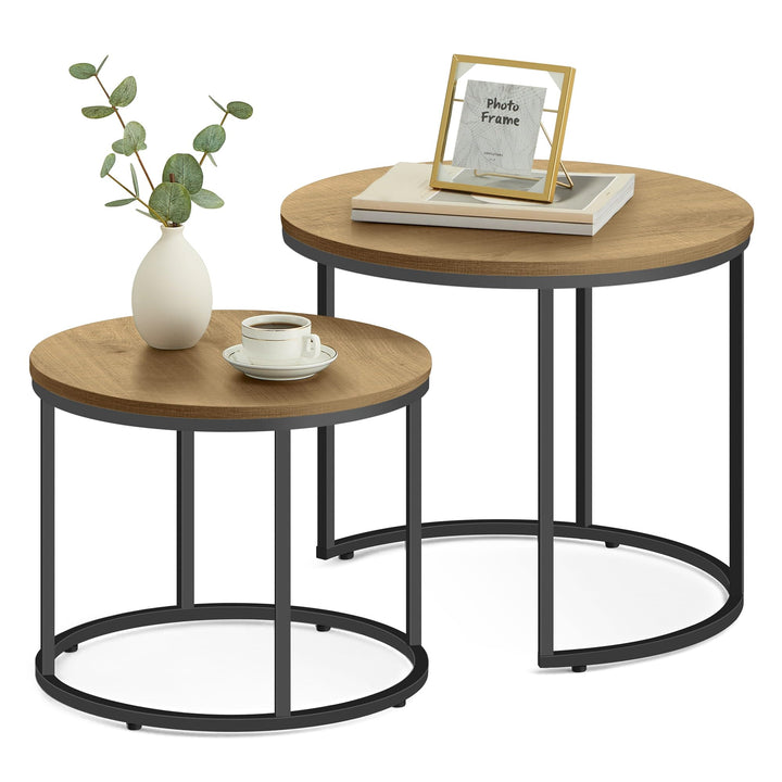 FORTENA 2er Set Couchtische, Schwarze oder goldene Metallbeine, Industrial-Stil, Raund (Eiche – Schw
