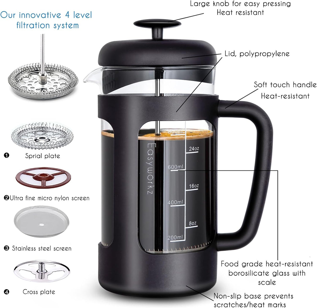 Easyworkz French Press 1000 ml Kaffeebereiter Kaffeepresse mit Borosilikatglas,rutschfester weicher