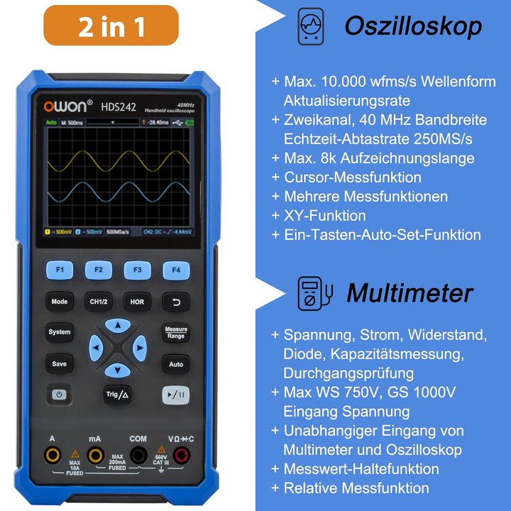 HDS242 OWON Oszilloskop 2 in 1 40MHz Bandbreite Handheld Oszilloskop Zwei Kanäle mit 3,5 Zoll LCD Au