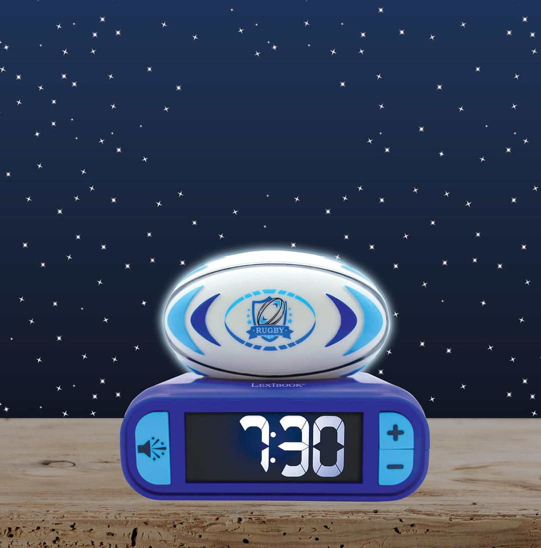 Lexibook RL800RG, Rugby-Rubgy Nachtlichtwecker, Töne und Melodien, LCD-Bildschirm mit Hintergrundbel