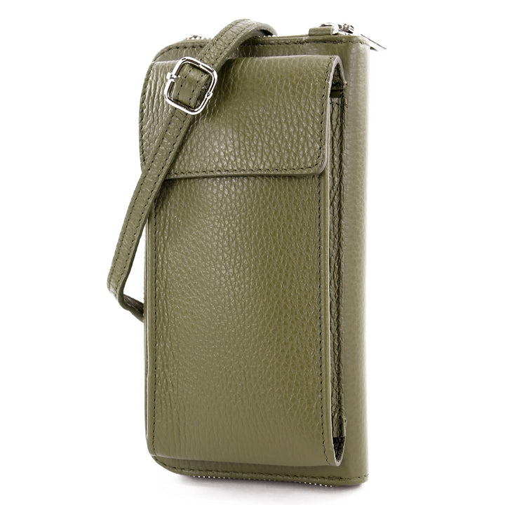 modamoda de - P06 - ital. Damen Umhängetasche Geldbörse Handytasche Leder Olivgrün, Olivgrün
