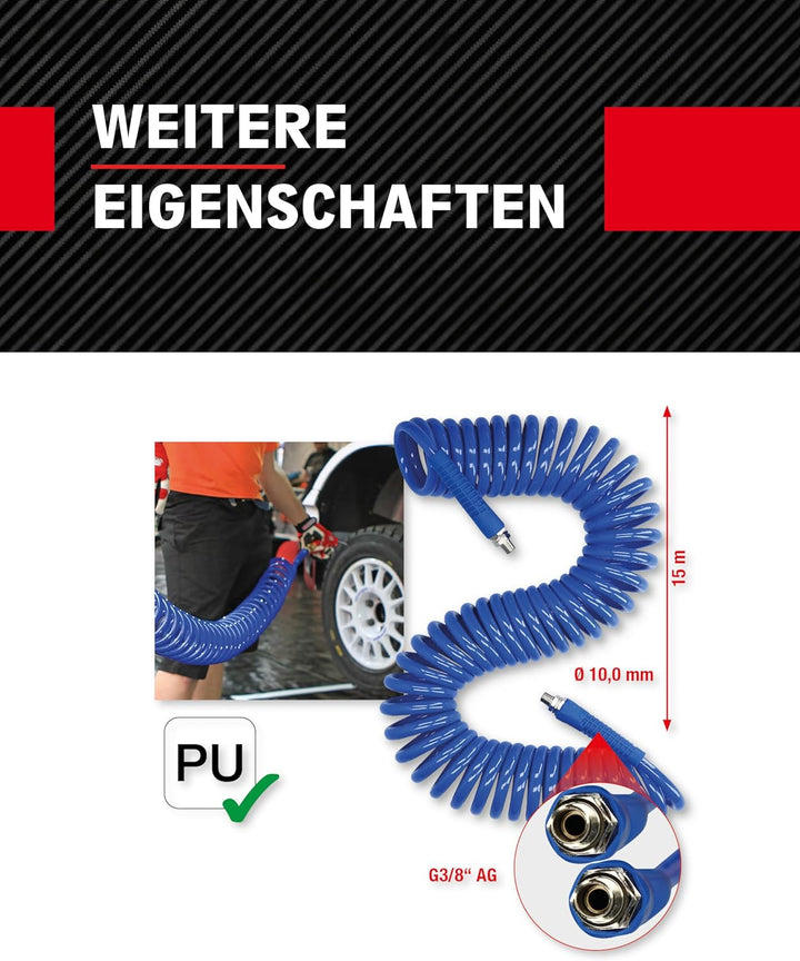 KS Tools Spiralschlauch Druckluft 515.3340 Ø 10mm I 15m langer, elastischer PU-Druckluftschlauch mit