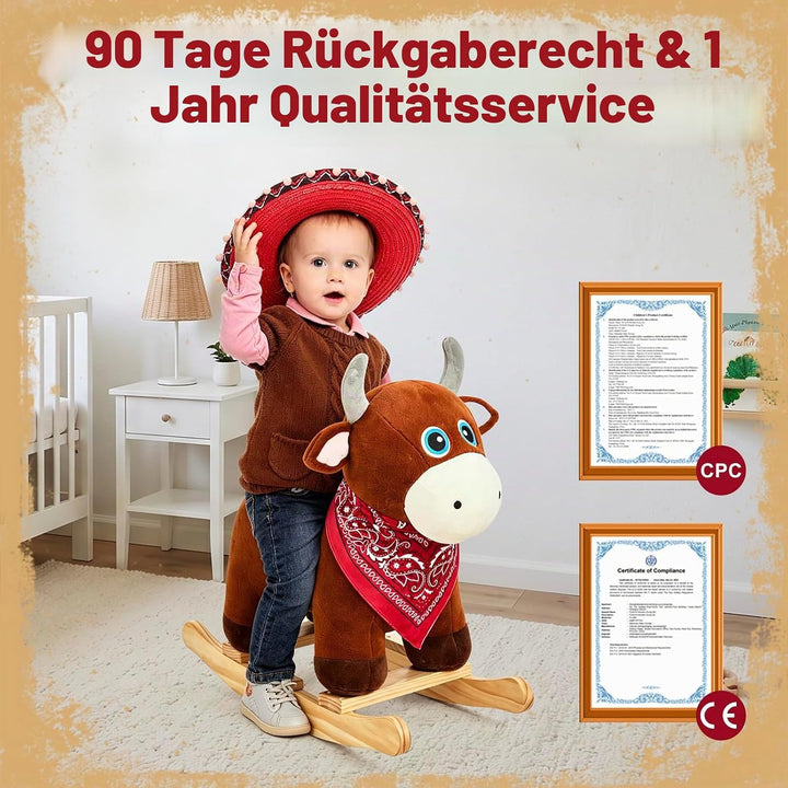 FUNLIO Stier-Schaukelpferd für Kinder 1–3 Jahre, wildes Baby-Schaukelpferd mit weichem Kopf und funk