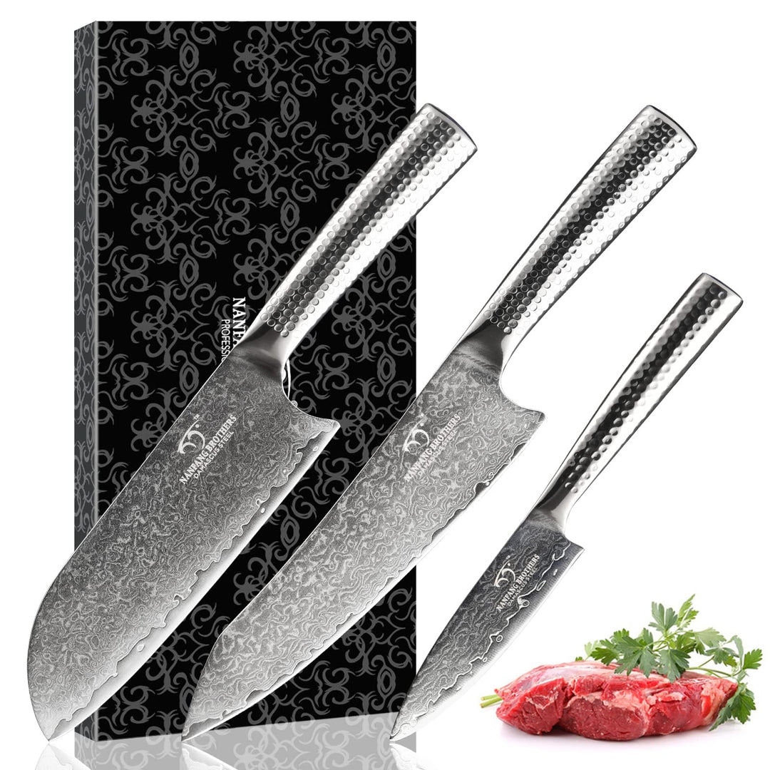 NANFANG BROTHERS Damaskus Küchenmesser Set, Messerse mit Kochmesser, Santoku Messer und Schälmesser,