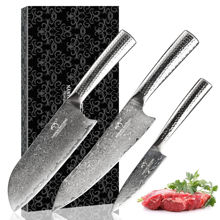 NANFANG BROTHERS Damaskus Küchenmesser Set, Messerse mit Kochmesser, Santoku Messer und Schälmesser,