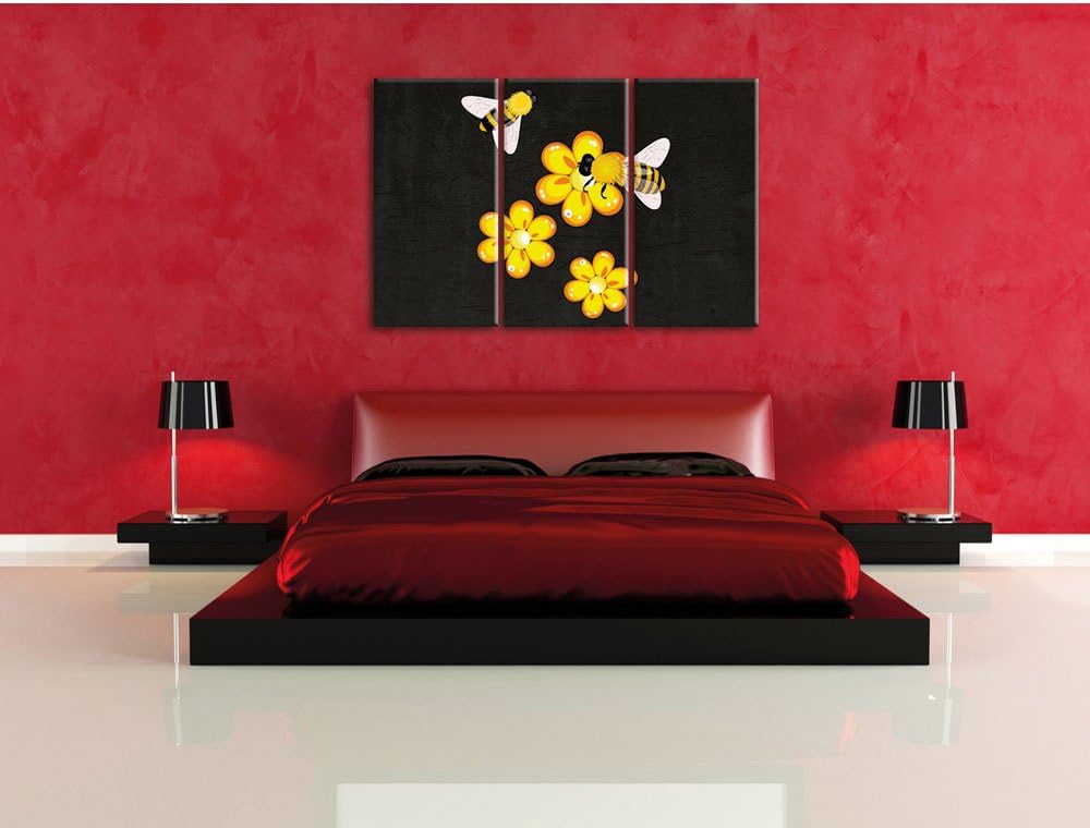 Pixxprint hübsche Bienen mit Blumen als Leinwandbild/Grösse: 3 Teilig (120x80) cm/Wandbild/Kunstdruc