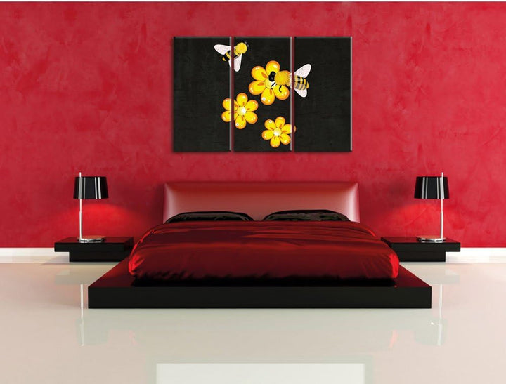 Pixxprint hübsche Bienen mit Blumen als Leinwandbild/Grösse: 3 Teilig (120x80) cm/Wandbild/Kunstdruc