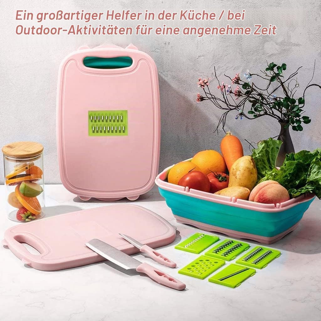 Multifunktions-Schneidebrett, 9 in 1 Faltbares Schneidebrett, Schneidebrett Set mit Gemüseschneider,