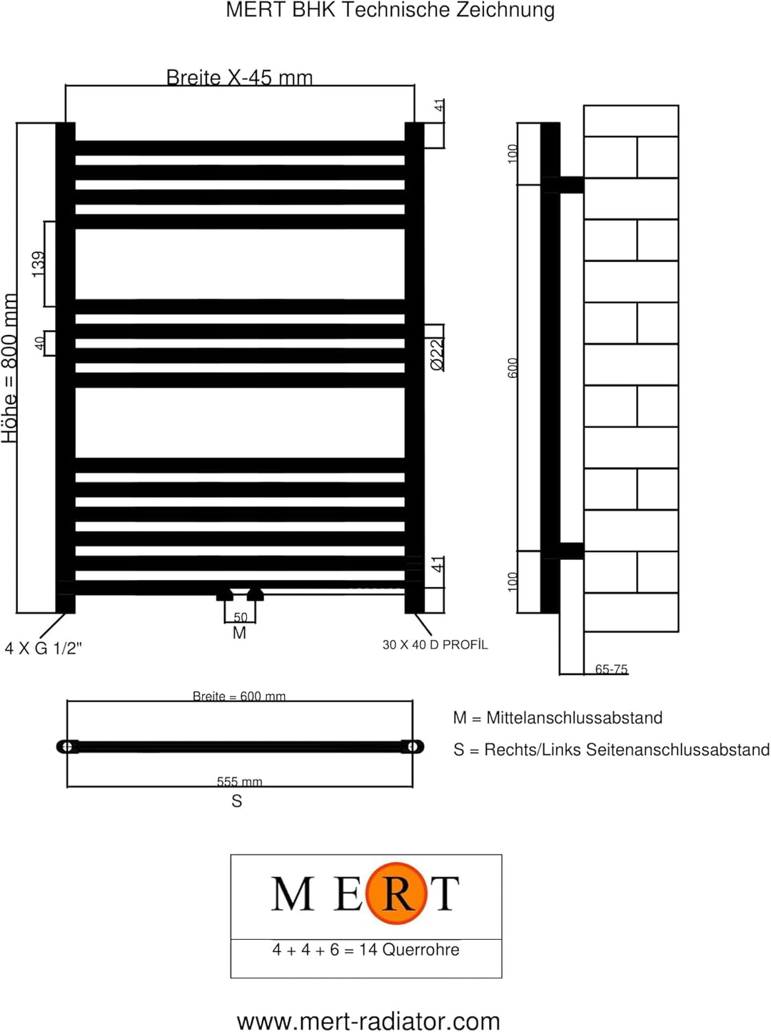 Badheizkörper Handtuchheizkörper mit Mittelanschluss weiss gerade 600 x 800 mm