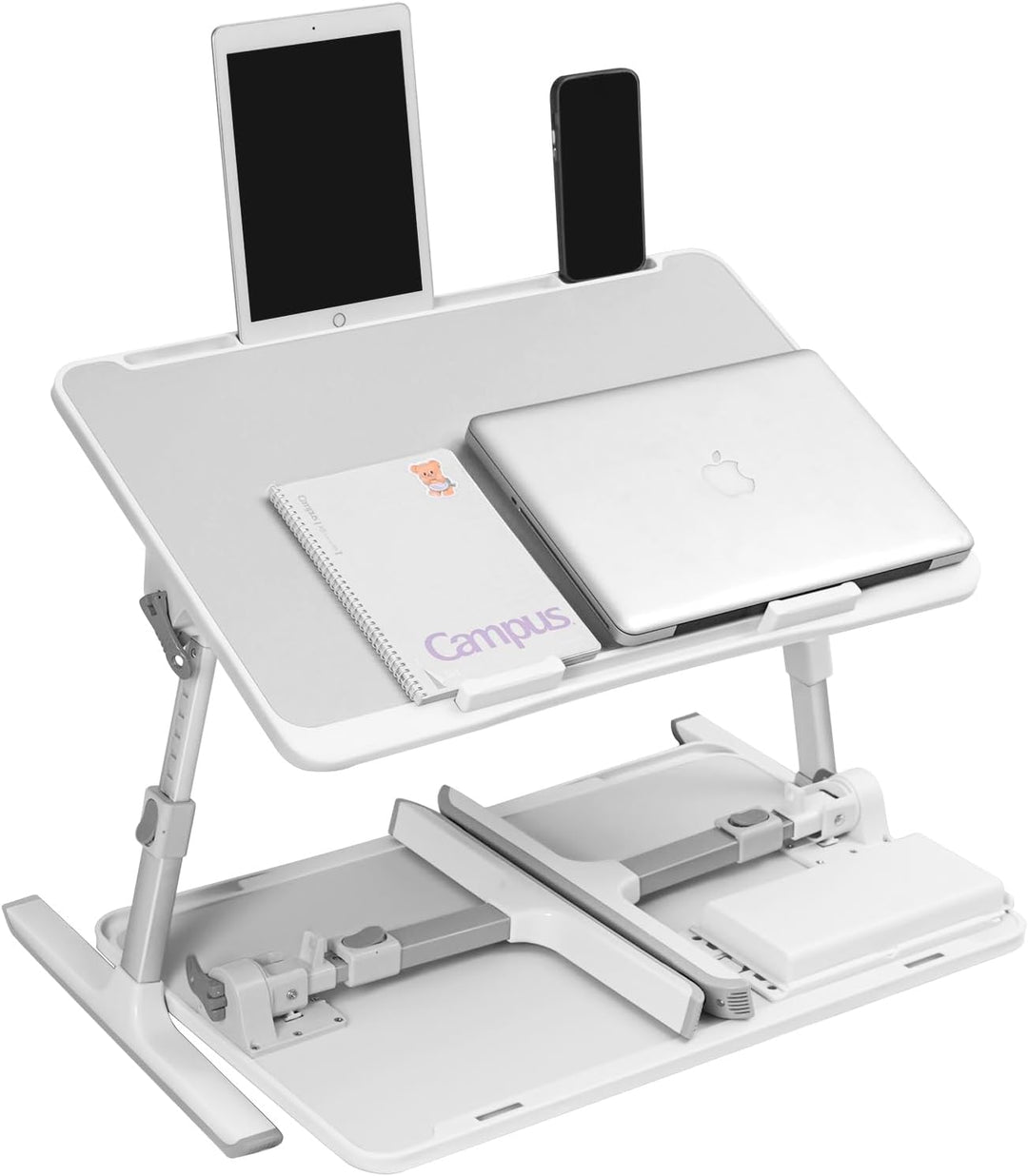 Laptop-Schreibtisch für Bett mit Klappbeinen, Tablet-Slot, Aufbewahrungsschublade und Silikon-Handge