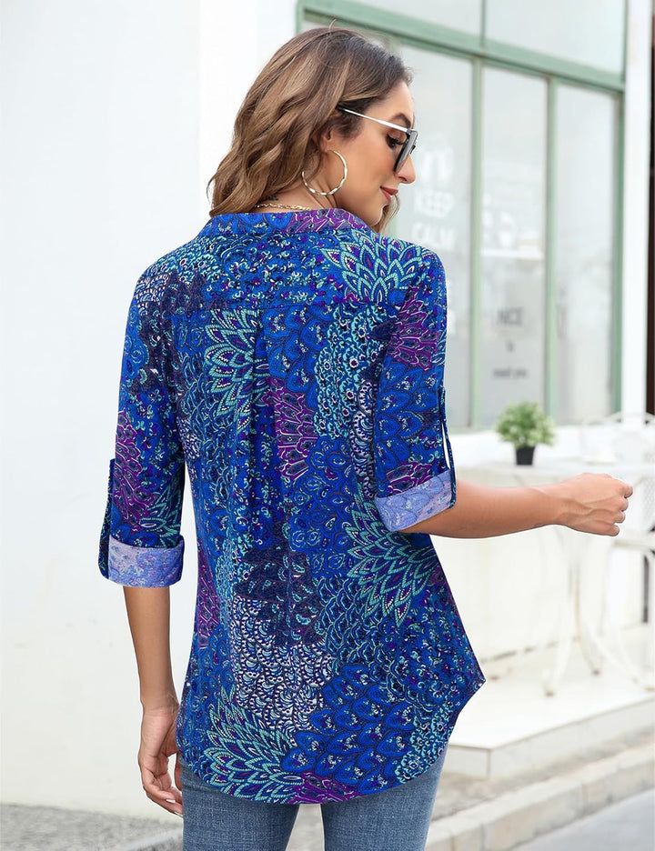 Siddhe Damen V-Ausschnitt Bluse 3/4 Ärmel Tunika Reissverschluss Langshirt Langarm Hemd Tops T-Shirt