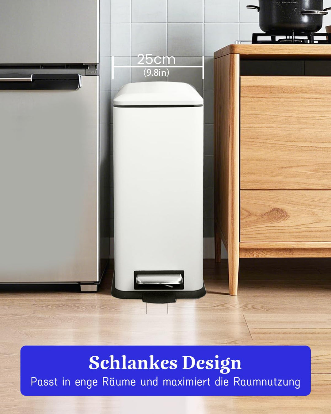 Mülleimer Küche 30L, Schmaler Tretmülleimer mit Deckel, Edelstahl Küchenmülleime mit Inneneimer, Rec