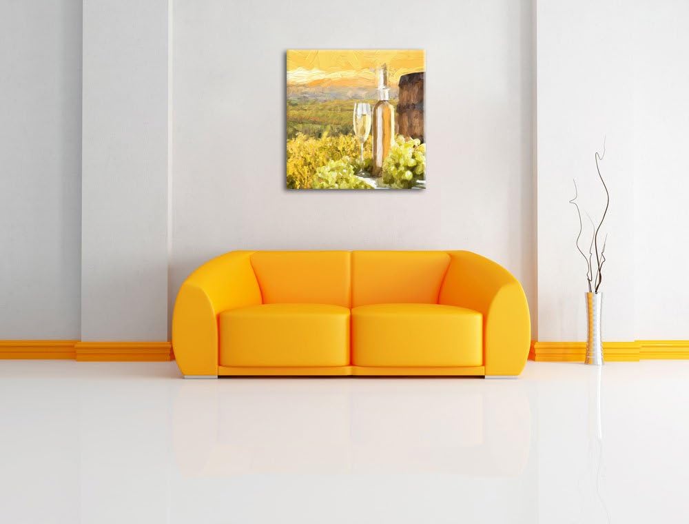Pixxprint Weinreben mit Weinflasche und Fass Pinsel Effekt, Format: 70x70 auf Leinwand, 70x70