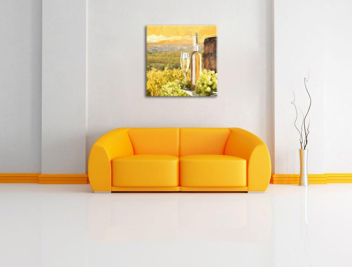 Pixxprint Weinreben mit Weinflasche und Fass Pinsel Effekt, Format: 70x70 auf Leinwand, 70x70