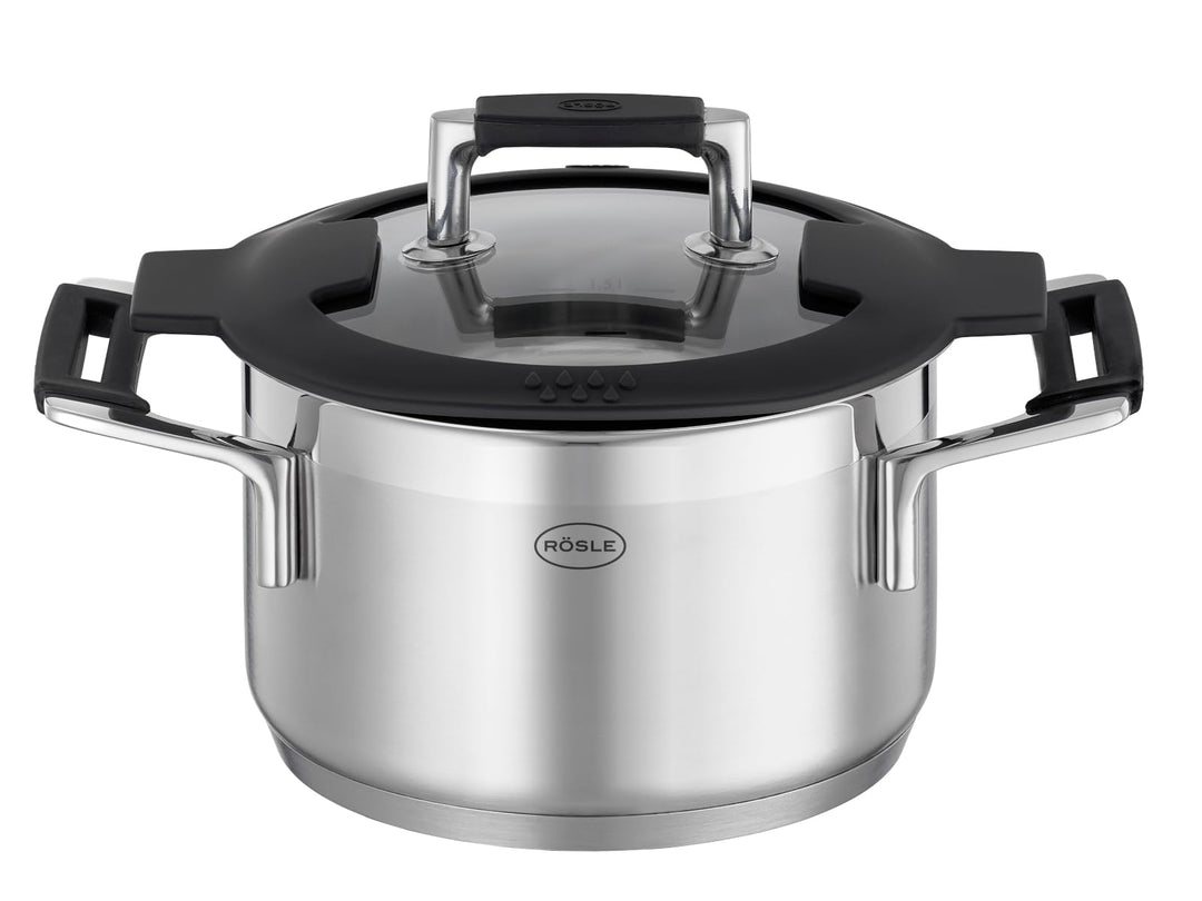 RÖSLE SILENCE PRO Kochtopf, Hochwertiger Universaltopf aus Edelstahl 18/10, 16 cm, Glasdeckel, Innen