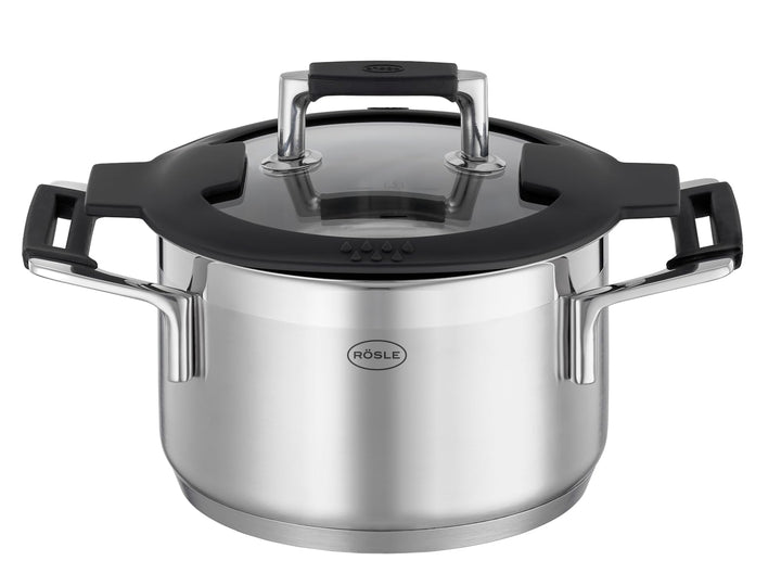RÖSLE SILENCE PRO Kochtopf, Hochwertiger Universaltopf aus Edelstahl 18/10, 16 cm, Glasdeckel, Innen