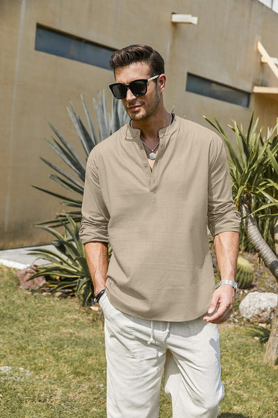 COOFANDY Herren Hemd Langarm Henley Shirt Leinenhemd Baumwolle Casual Regular Fit Sommerhemd M Khaki