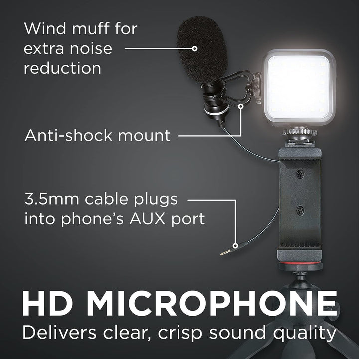 Xqisit Vlogging Kit, Smartphone Stativ mit Hochwertigem Mikrofon, LED Leuchte, 800 Std. Akkulaufzeit