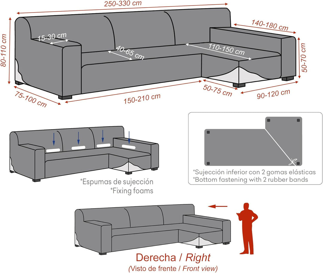Abdeckung für Chaiselongue, L-Form, anpassbarer Stoff, langer Arm, rechts, Farbe 03 Blau 03 - Blau B