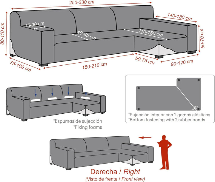 Abdeckung für Chaiselongue, L-Form, anpassbarer Stoff, langer Arm, rechts, Farbe 03 Blau 03 - Blau B