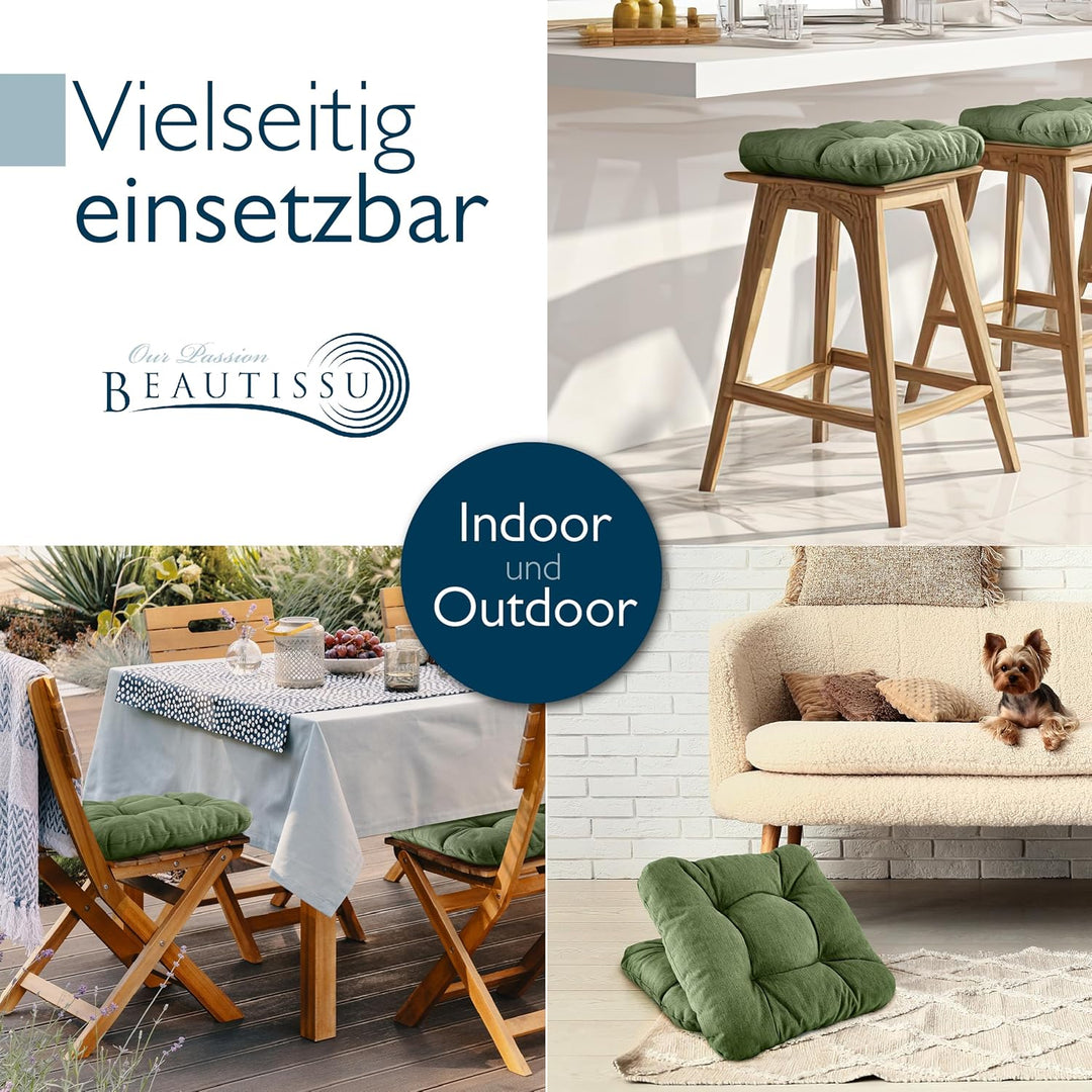 Beautissu 4er Set Premium Stuhlkissen UV-beständig robust für Balkonstühle | 35x35cm Dunkelgrün 8cm