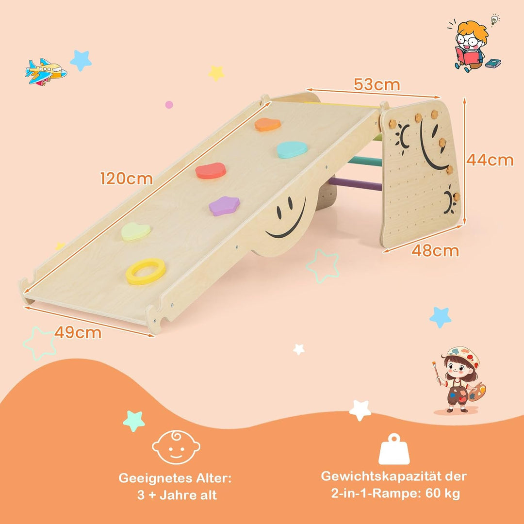 DREAMADE 6 in 1 Klettergerüst Indoor mit 2-seiteiger Rampe, Sprossendreieck Kletterspielzeug aus Hol