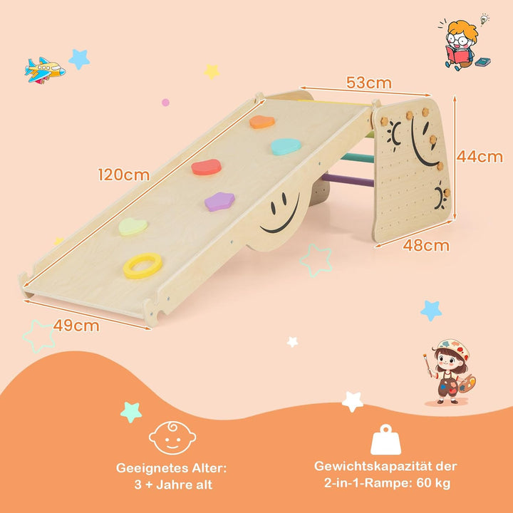 DREAMADE 6 in 1 Klettergerüst Indoor mit 2-seiteiger Rampe, Sprossendreieck Kletterspielzeug aus Hol