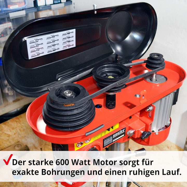 Hecht Profi Standbohrmaschine mit starken 600 Watt – 12-stufige Drehzahlregelung, schwenkbar- und hö