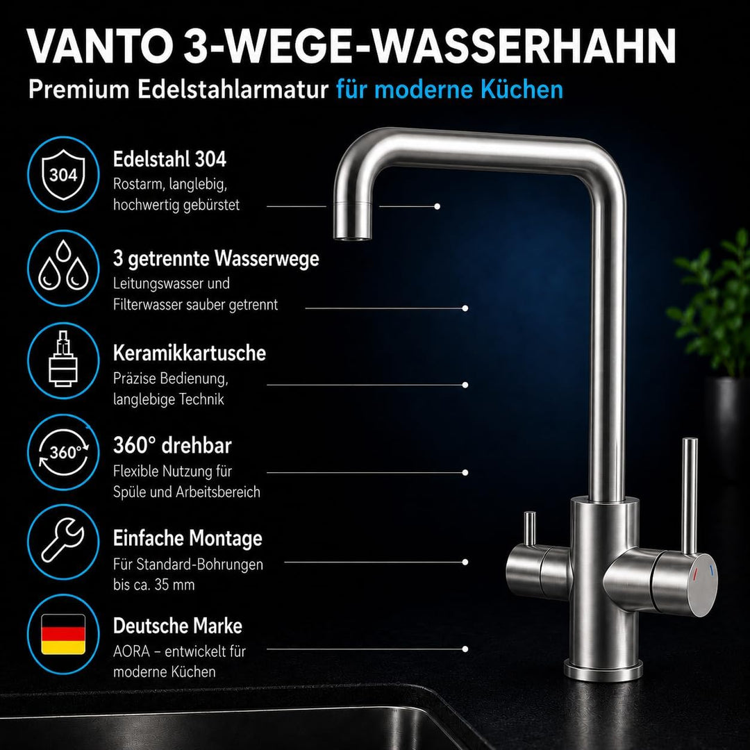 AORA® VANTO INOX 3 Wege Wasserhahn Küche aus massivem Edelstahl 304 – Küchenarmatur Hochdruck für Wa
