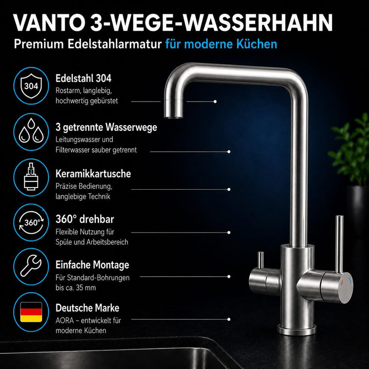 AORA® VANTO INOX 3 Wege Wasserhahn Küche aus massivem Edelstahl 304 – Küchenarmatur Hochdruck für Wa
