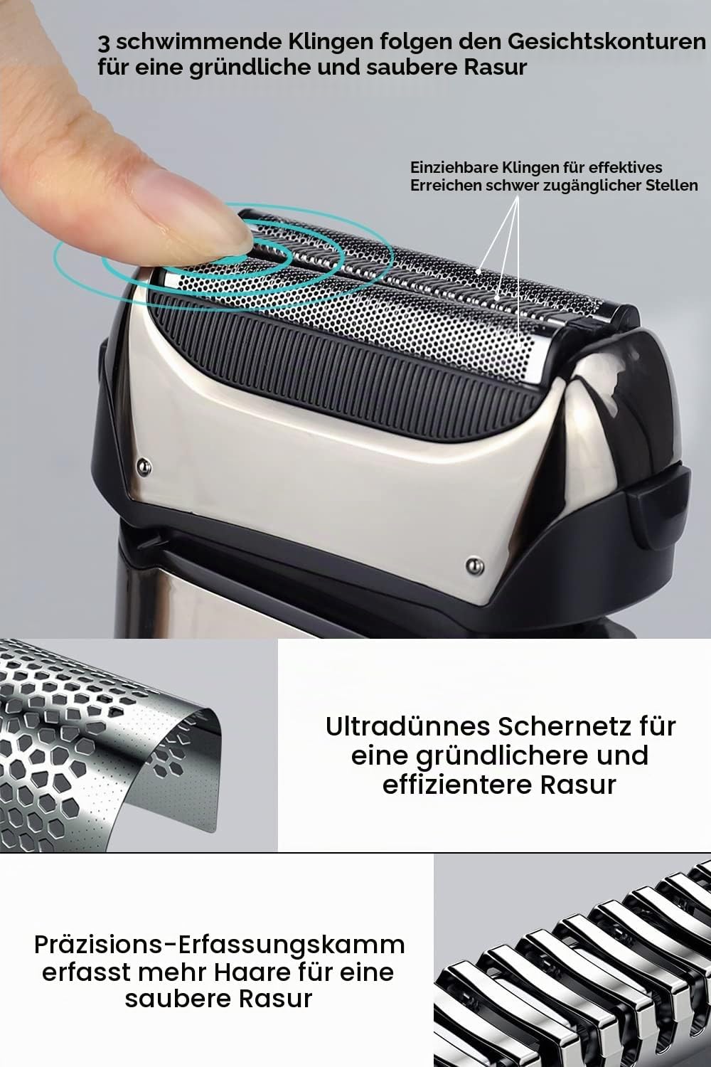 Rasierer Herren Elektrischer mit 3 Flexiblen Klingen &amp; Reiseetui, Elektrorasierer Rasierapparat mit