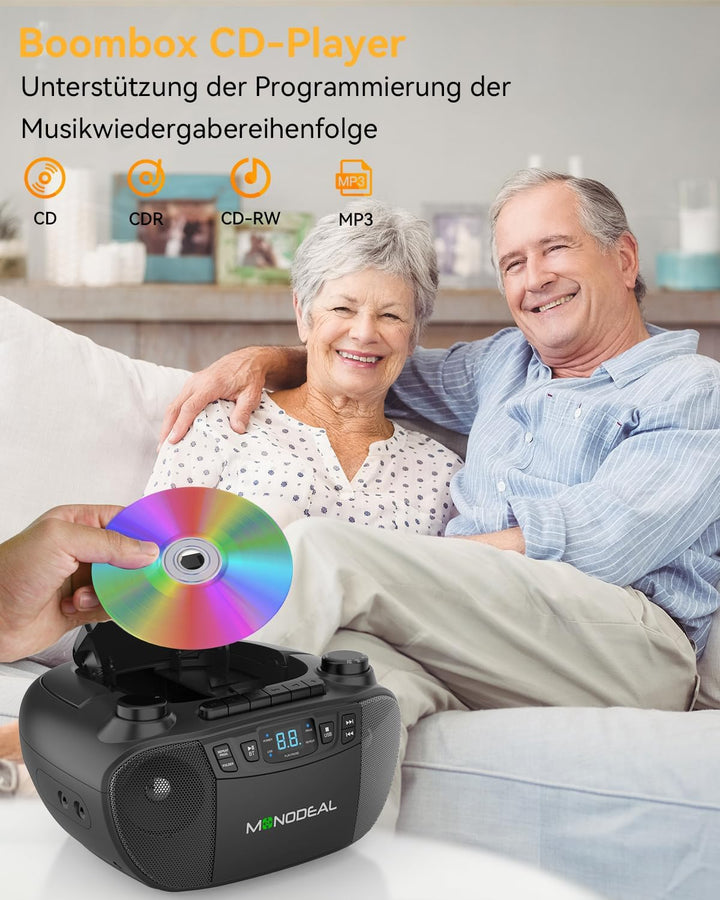 MONODEAL CD Player mit Kassette, Kassettenrekorder, Kassettenspieler, Radio mit CD und Kassette, CD