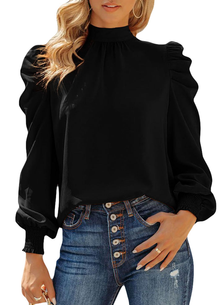 Dokotoo Damen Bluse Elegant Business Chiffonbluse Einfarbig Stehkragen Puffärmel Oberteil Tops S-XXL