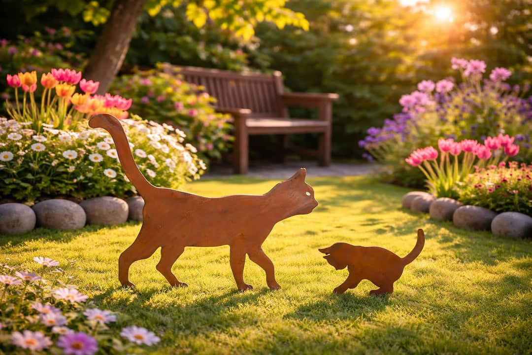 Bornhöft Gartendeko Gartenstecker Katze mit Kitte Katzenbaby Edelrost Rost-Optik Metallfigur, Garten
