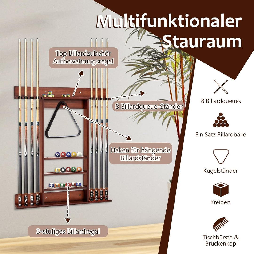 GOPLUS Billardständer, Pool Queue Halter aus Kiefernholz mit 8 Queue-Stifte, 3-stufig, Ball Rack Hal