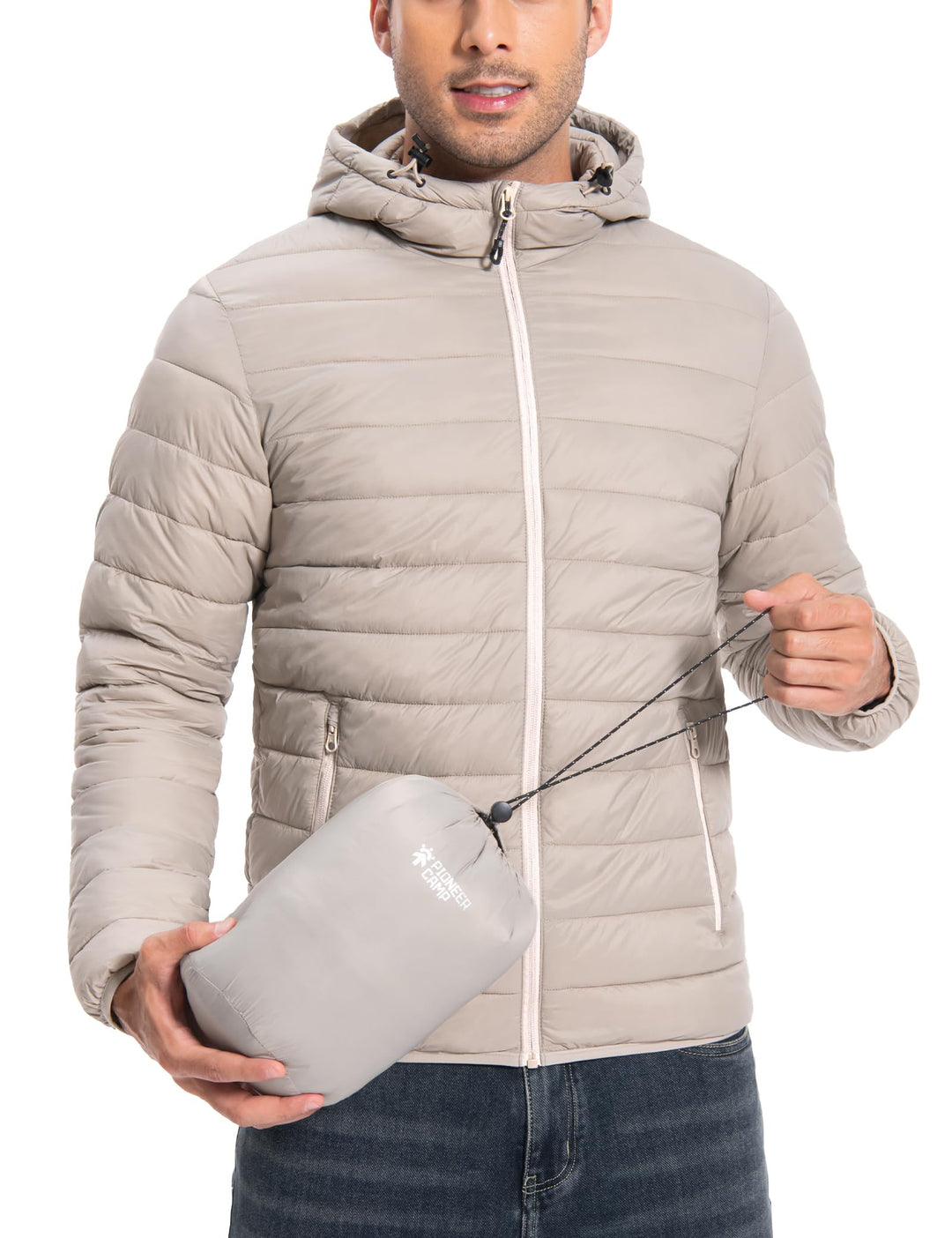 Herren Leichte Steppjacke Daunenjacken-Optik Übergangsjacke Outdoor Winterjacke mit 6 Taschen XL Kha