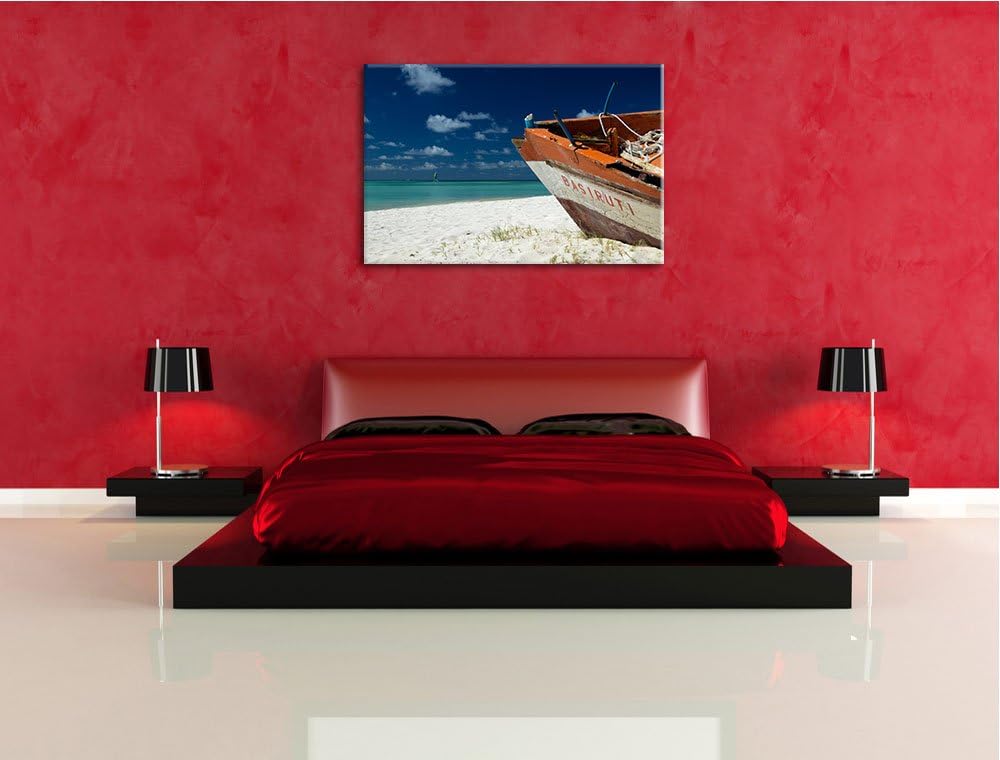 Pixxprint Boot am Strand auf Leinwand, XXL riesige Bilder fertig gerahmt mit Keilrahmen, Kunstdruck