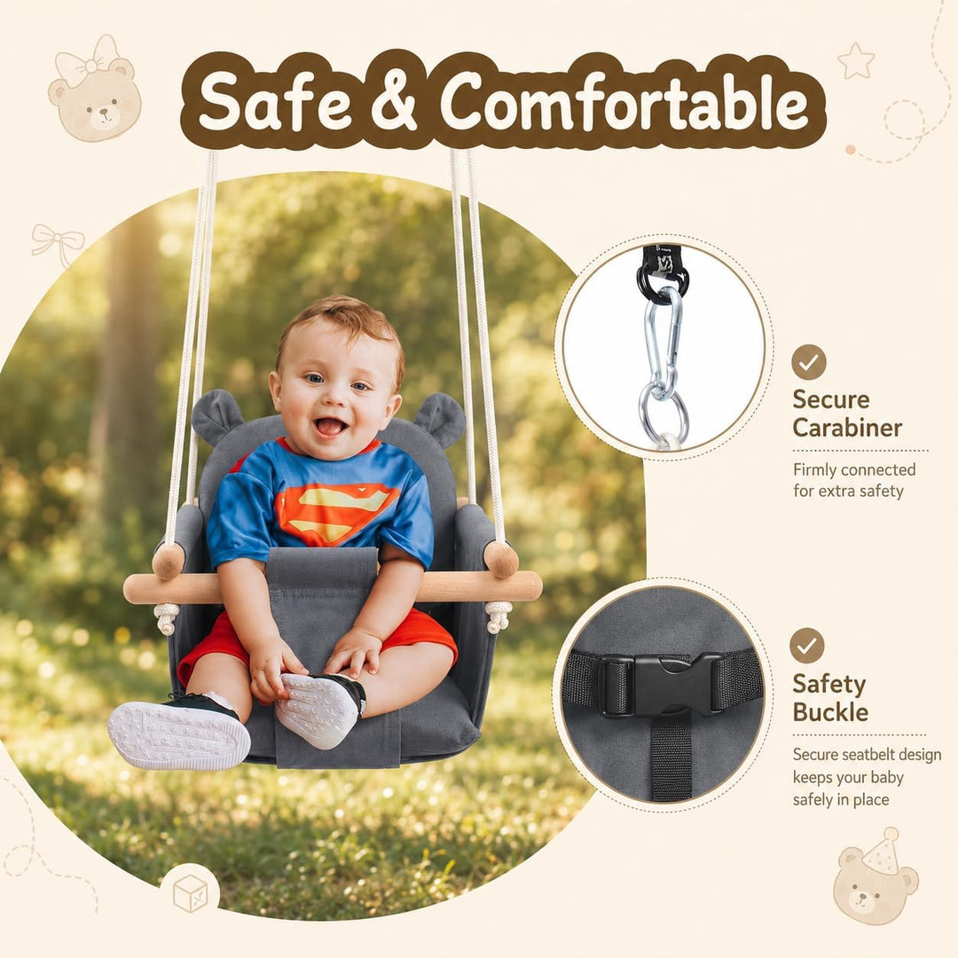 Babyschaukel Holz, Kinderschaukel, Hängeschaukel Baby für Indoor & Outdoor mit Sicherheitsgurt und B