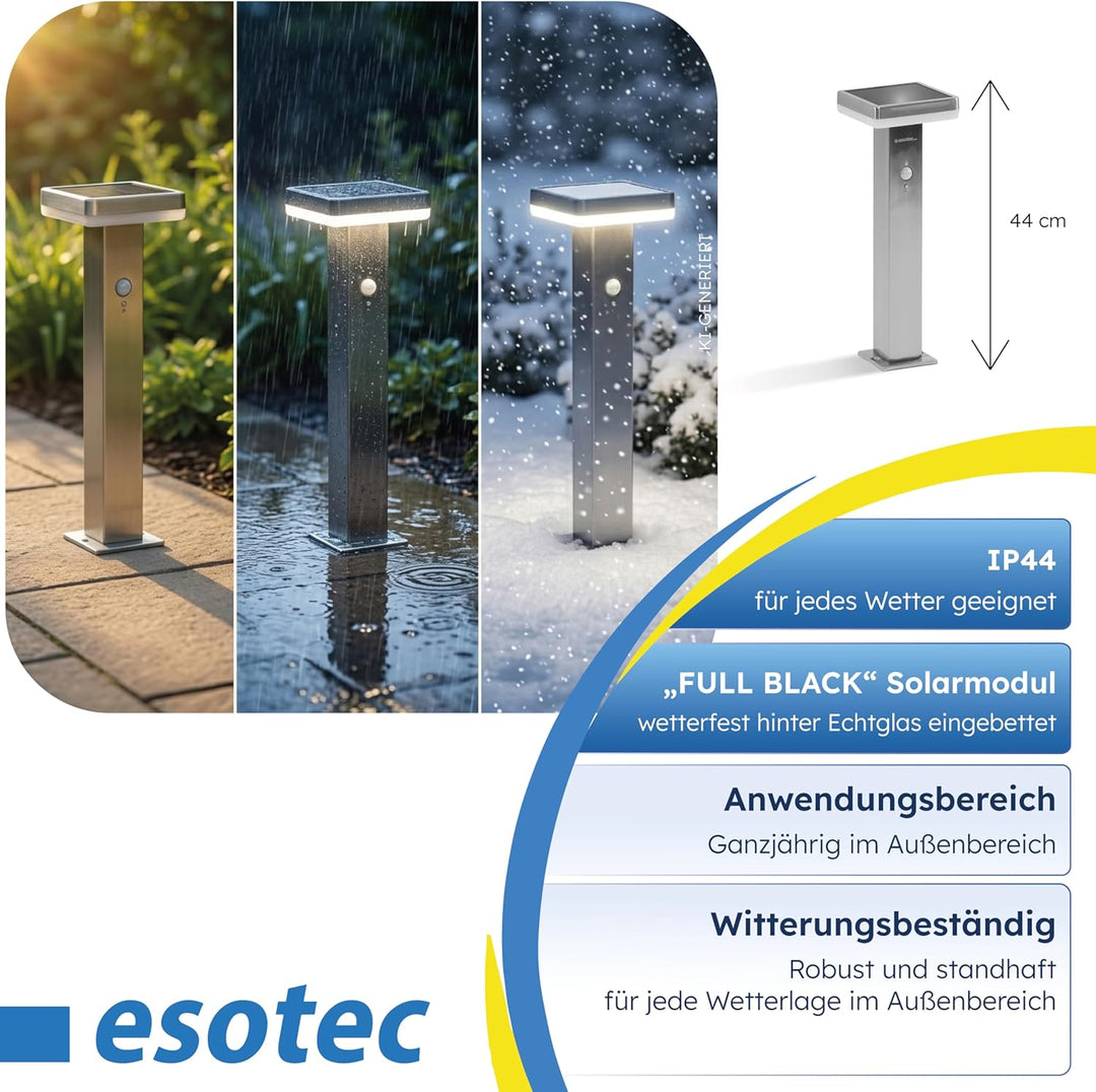 esotec Solar Gartenleuchte Standleuchte Amalia 44 mit Bewegungssensor, Edelstahl Glanz, 3 Betriebsmo