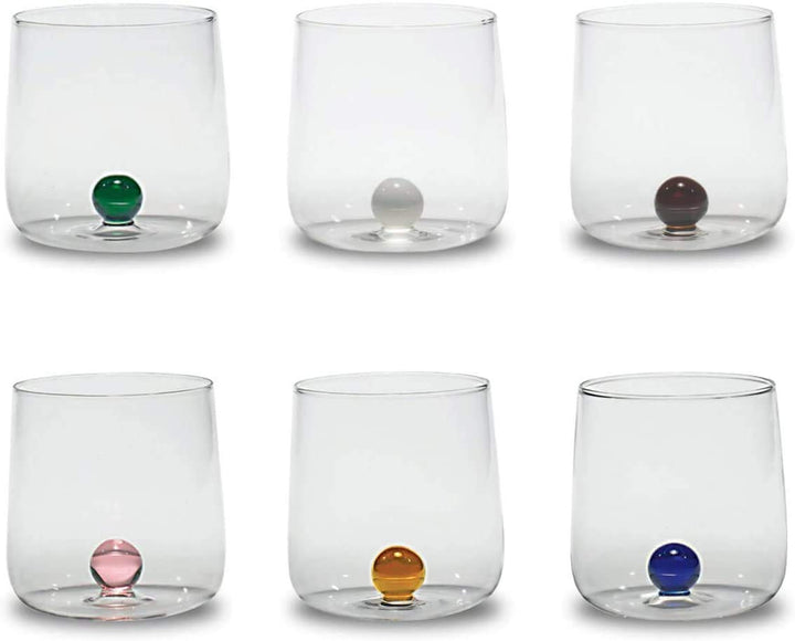 Zafferano Bilia Glasbecher - Handgemachtes Transparent Glas, Verziert mit bunter Glaskugel im Innere