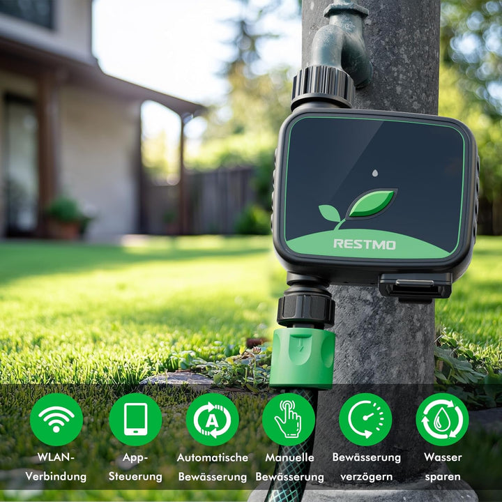 RESTMO WiFi-Bewässerungscomputer, programmierbare Wasserzeitschaltuhr für die Gartenbewässerung, 3 B