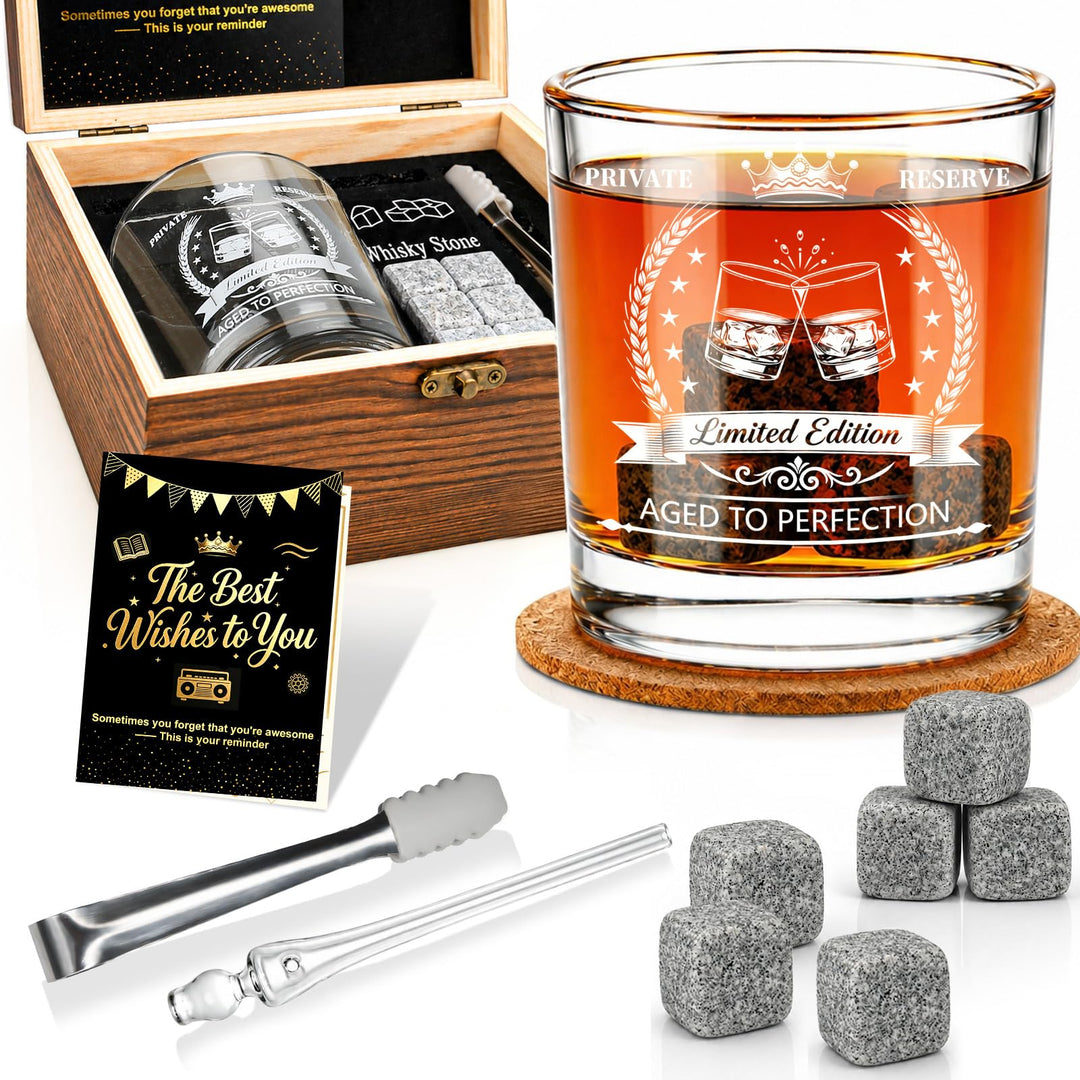exreizst Geburtstagsgeschenk für Männer – Whiskyglas-Set mit Holzbox, Granitsteinen, Pipette & Zange