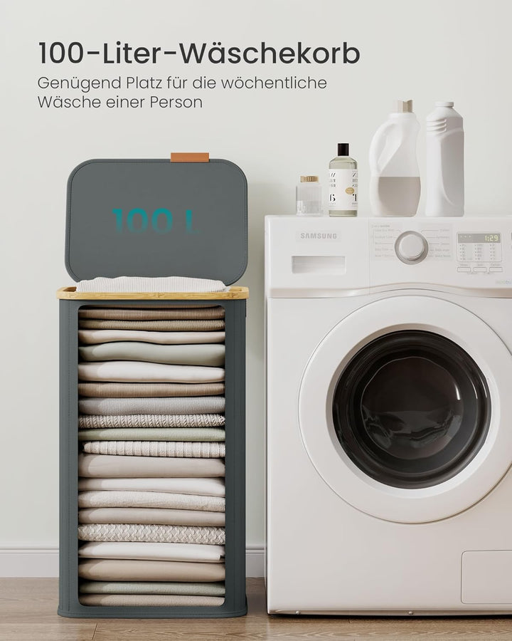 SONGMICS Wäschekorb mit Deckel, Wäschesammler, Oxford-Gewebe, zusammenklappbar, Bambusrahmen, für Wa
