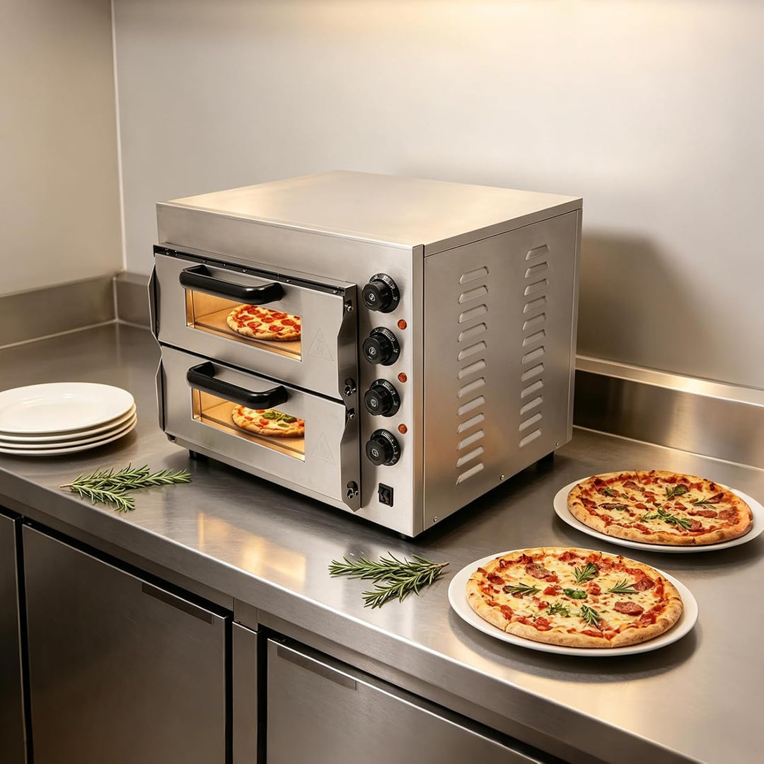 Doppelstock Pizzaofen aus Edelstahl, 3000W Pizzaofen, Elektrisch Pizzabackofen, Mehrzweck-Pizzamaker