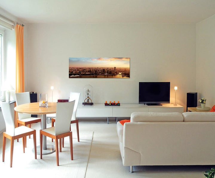 Paul Sinus Art Panoramabild auf Leinwand und Keilrahmen 120x40cm Shanghai Skyline Sonnenuntergang Wo