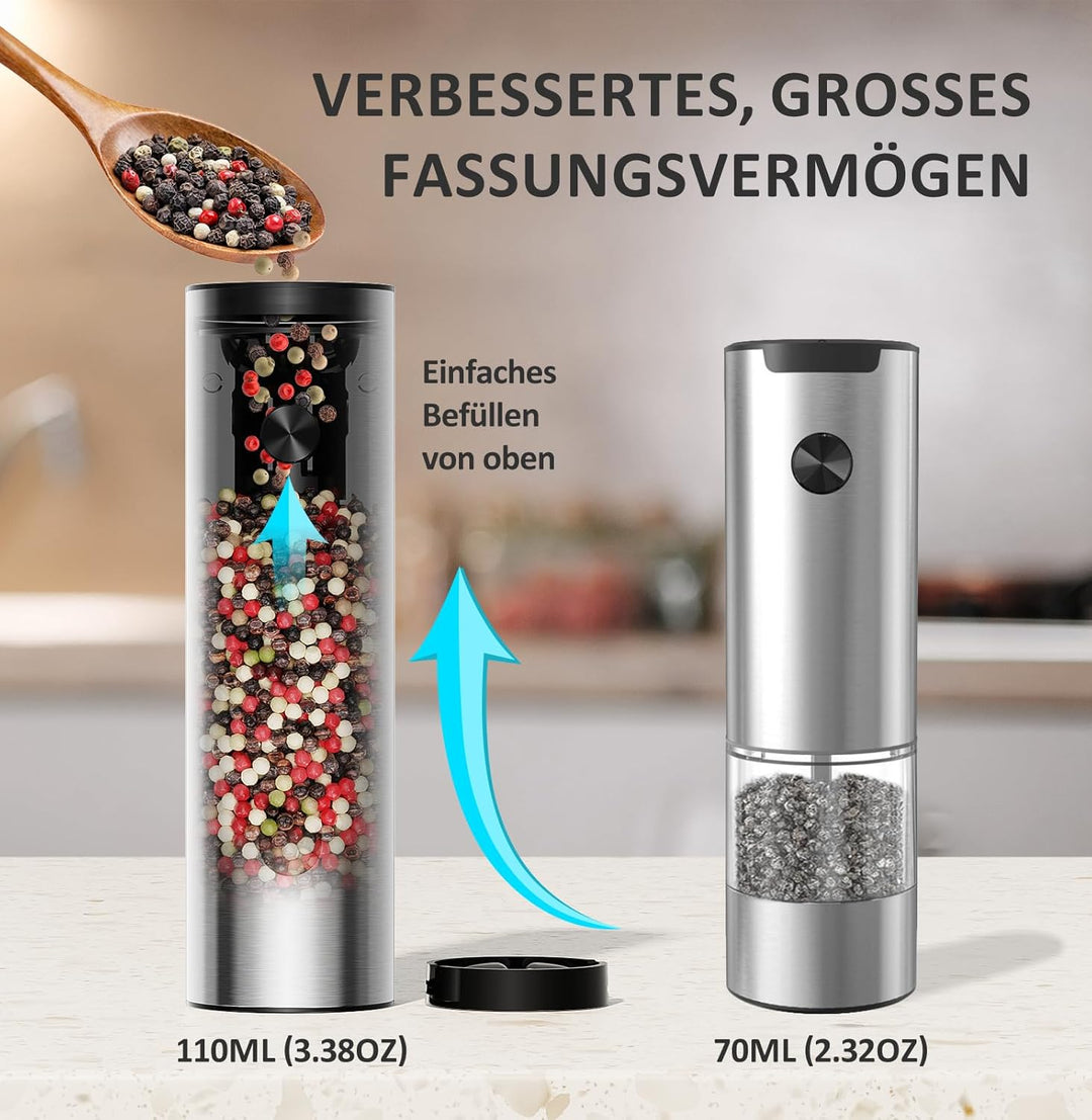 WONMAKE Salz und Pfeffermühle Elektrisch, Elektrische Pfeffermühle Mühle Set Edelstahl mit USB-C Dua
