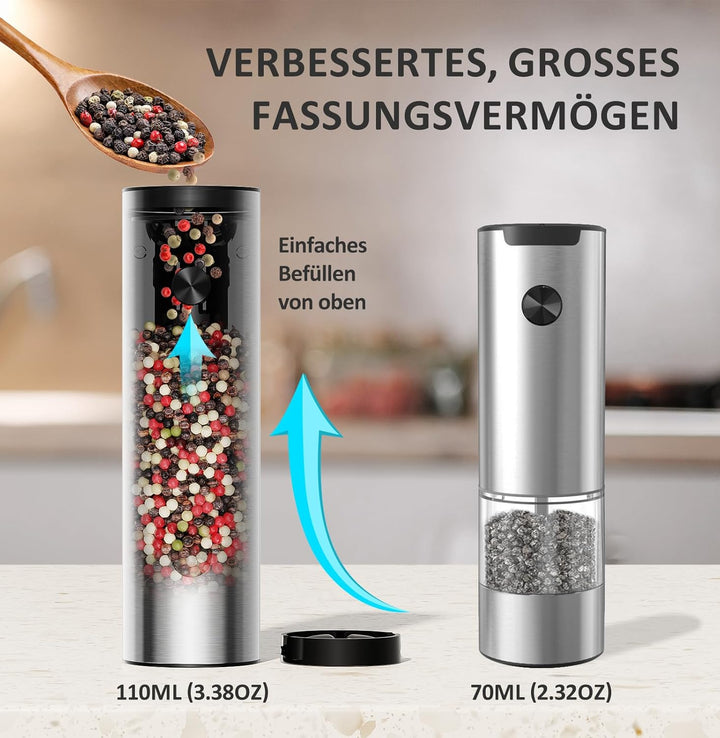 WONMAKE Salz und Pfeffermühle Elektrisch, Elektrische Pfeffermühle Mühle Set Edelstahl mit USB-C Dua