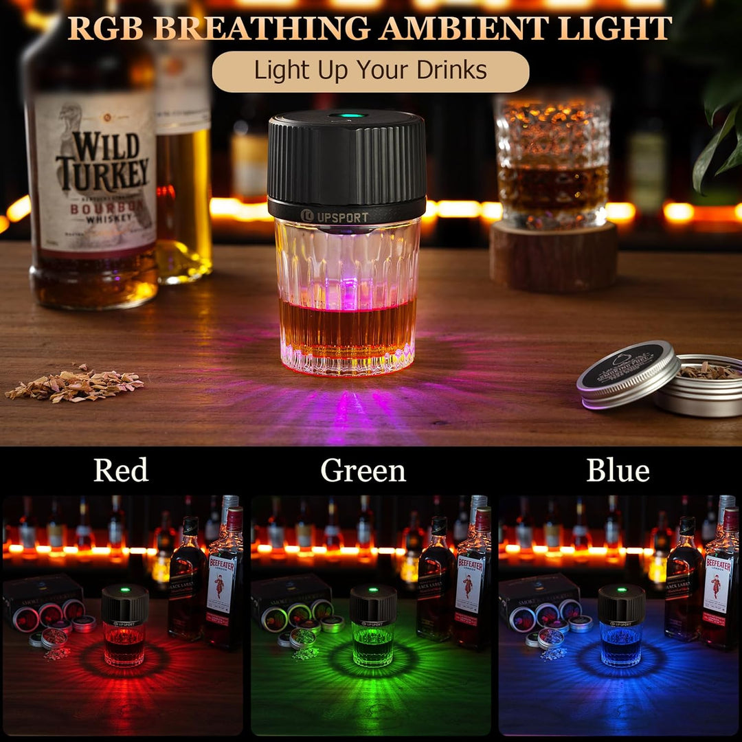 Elektrisches Cocktail Smoker Kit mit 4 Lichtmodi, wiederaufladbarer Whisky Räucher Set, 6 Holzspäne,