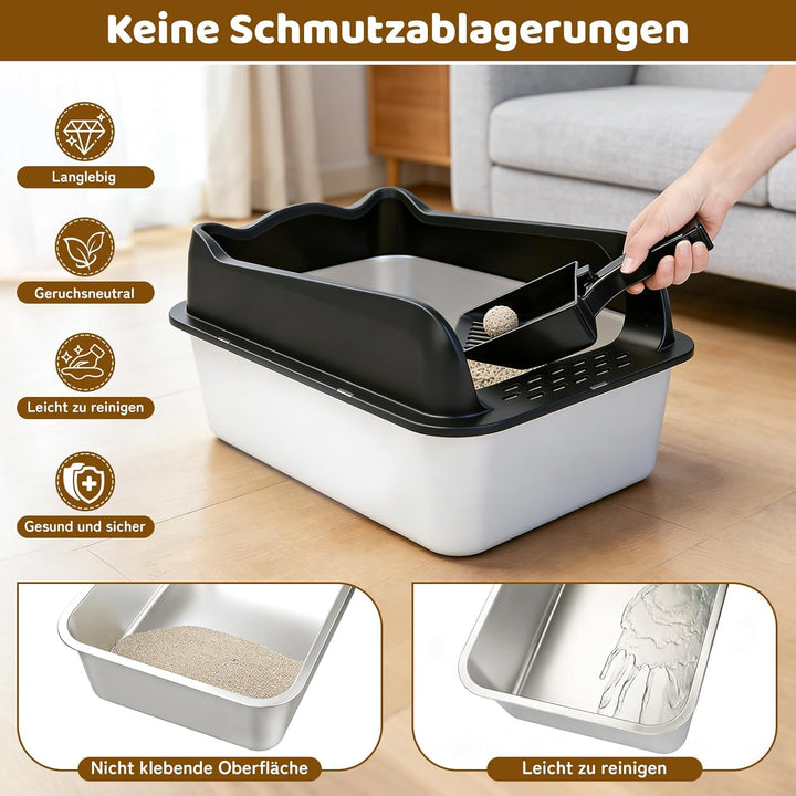 Katzenklo Edelstahl, Katzentoilette mit Schaufel und Streumatte,Katzenklo Edelstahl Kratzfest antiha