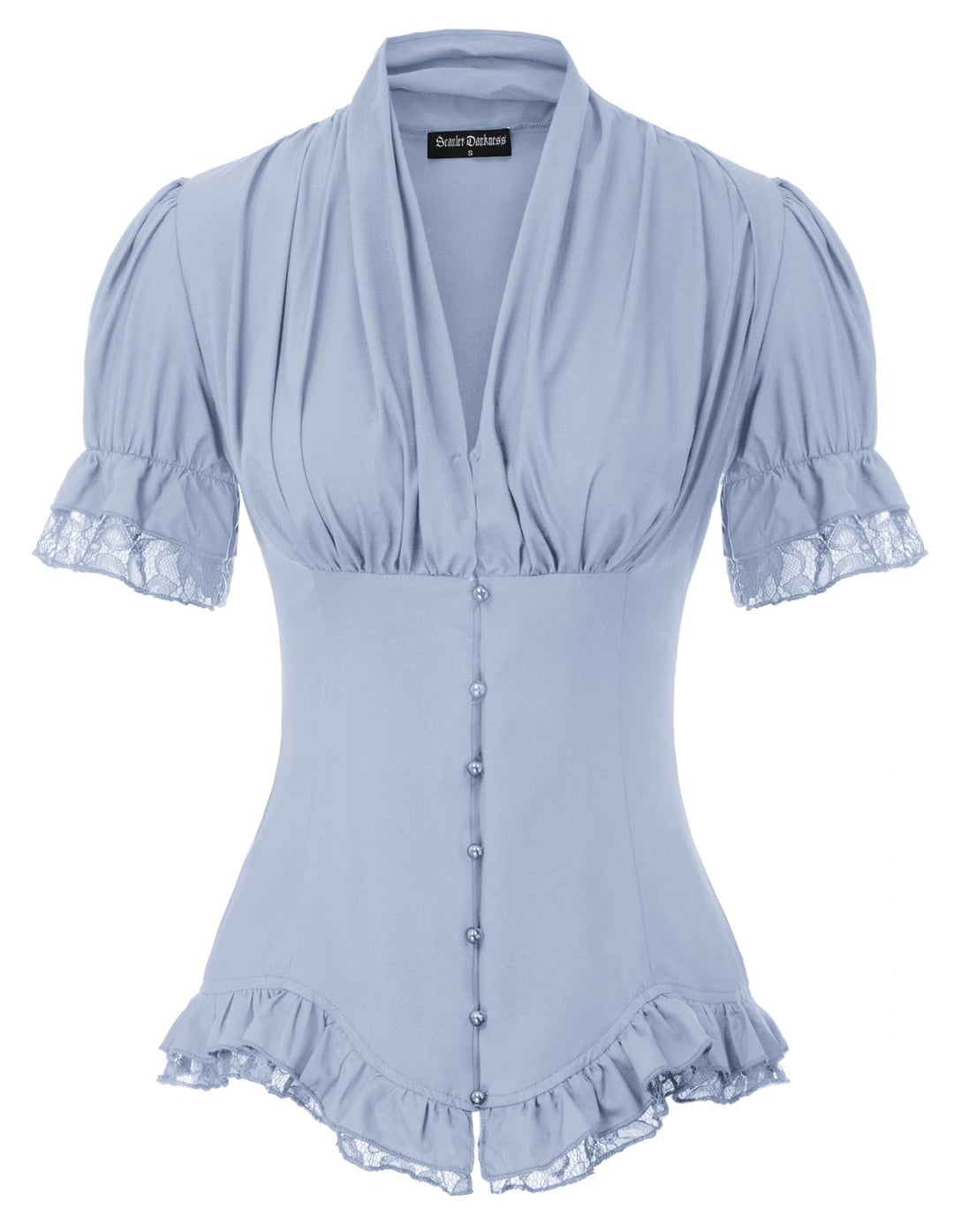 SCARLET DARKNESS Damen Rüschenbluse Mittelalter Spitzen Shirt Gothic Bluse | Kurzarm mit Rüsche, V-A